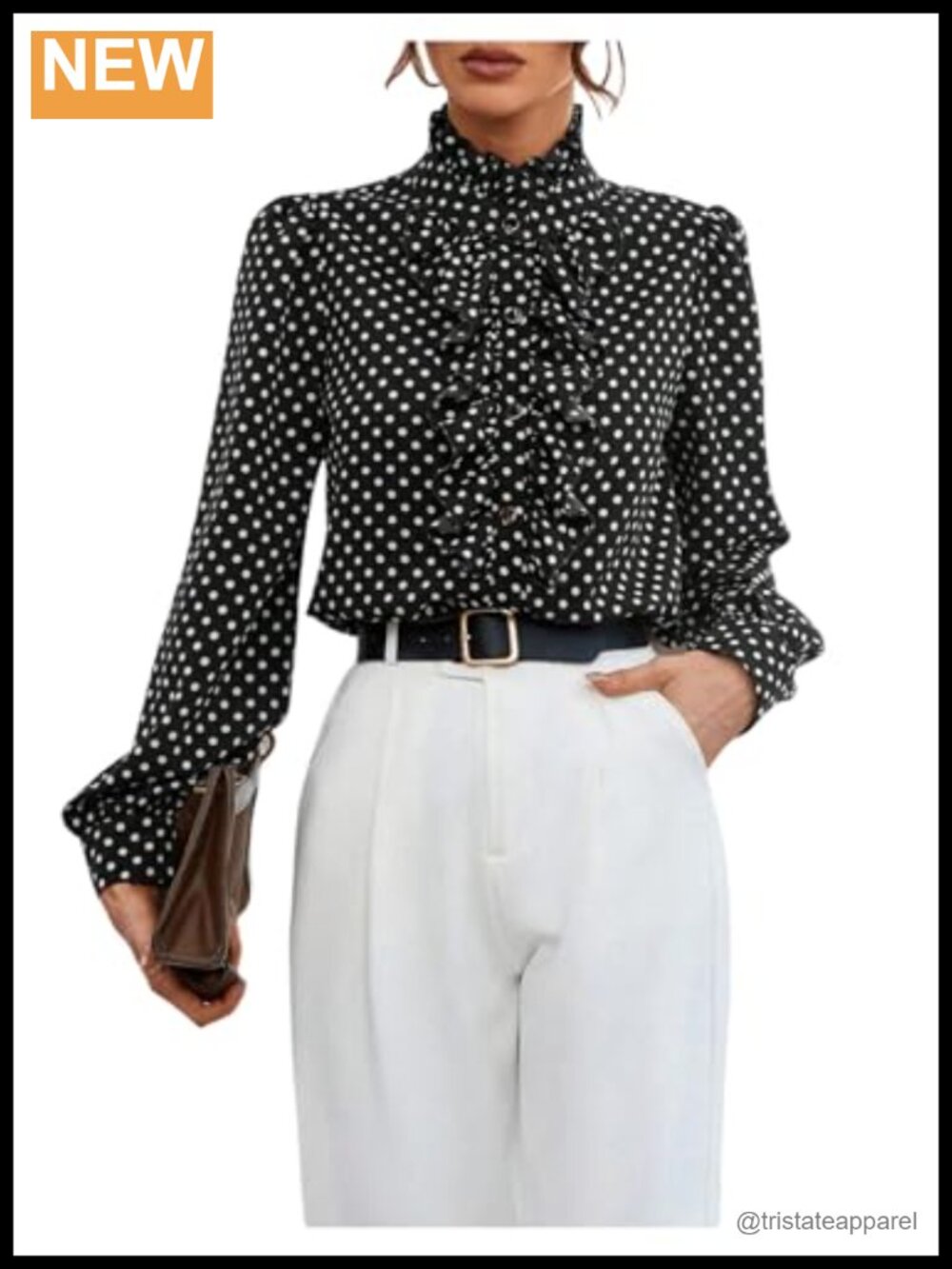 Women's Long Sleeve Polka Dot Ruffle Blouse Business Casual Mock Neck Button
